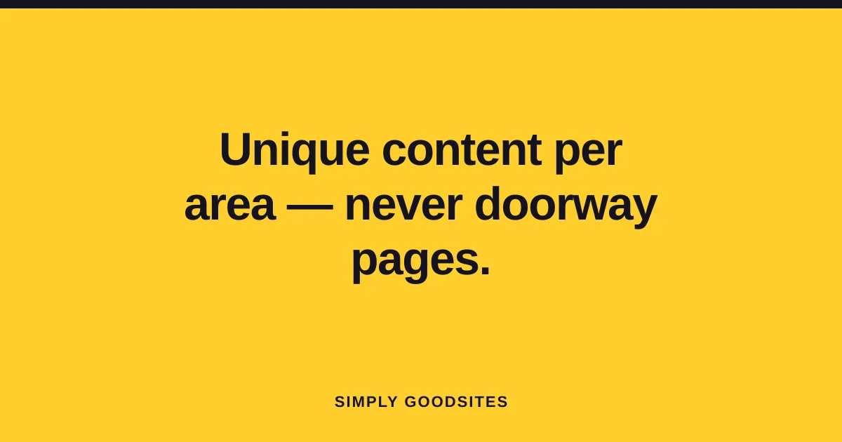 Illustration contrasting a genuinely unique local page with a stack of near-duplicate doorway pages