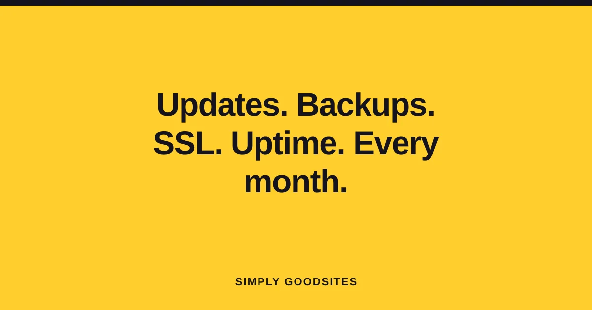 A monthly website maintenance checklist showing updates, backups, SSL, and uptime monitoring